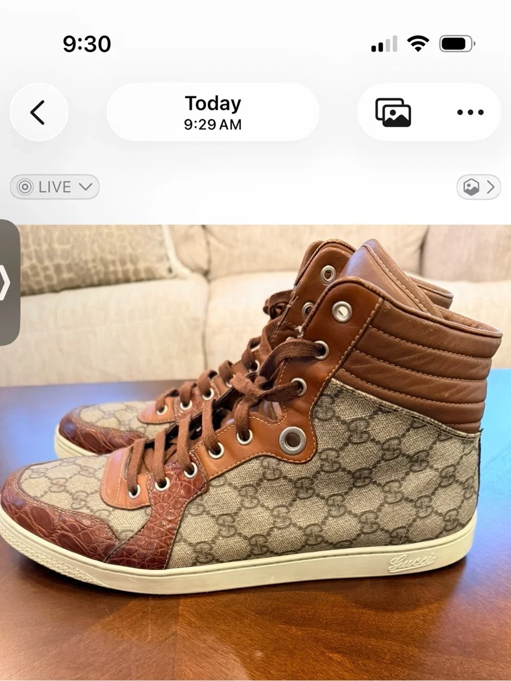 Gucci Brown & Beige High-Top Crocodile Trim GG Monogram Sneakers